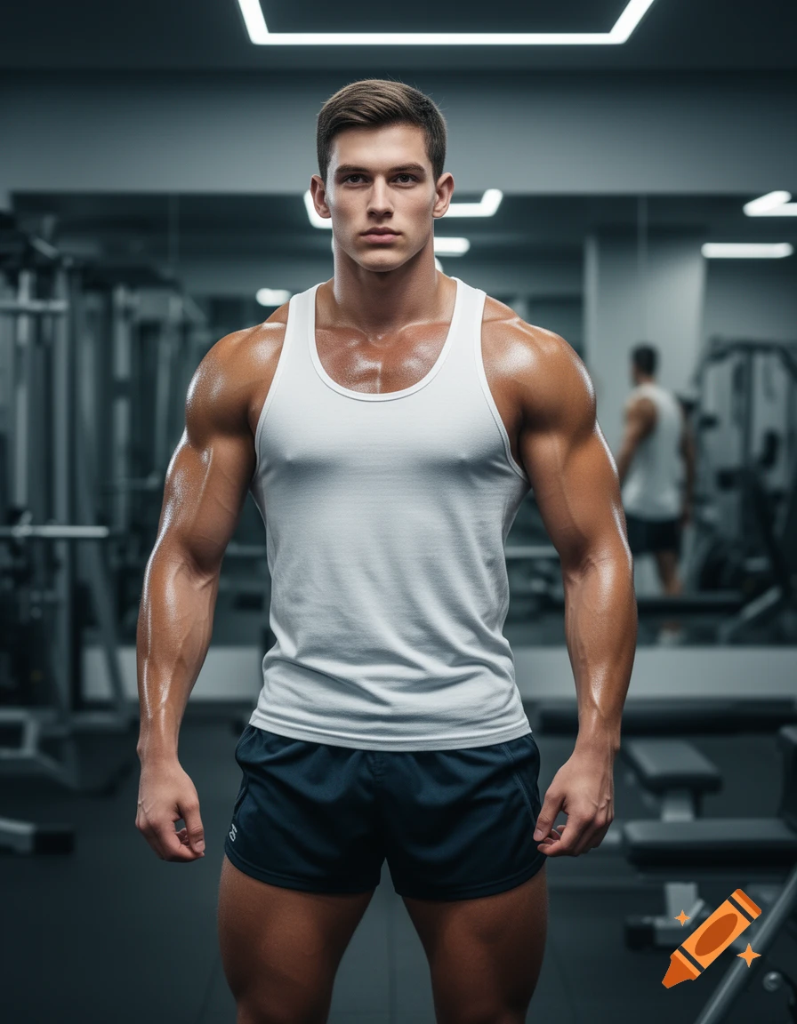 A muscular man in a white tank top and dark shorts stands confidently in a gym, looking directly at the camera.