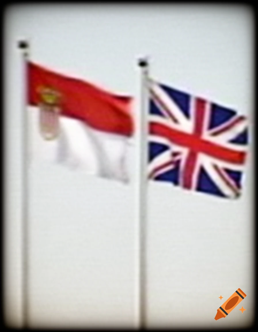 A very blurry, low-quality image showing the Monaco flag and the UK flag side by side on flagpoles.