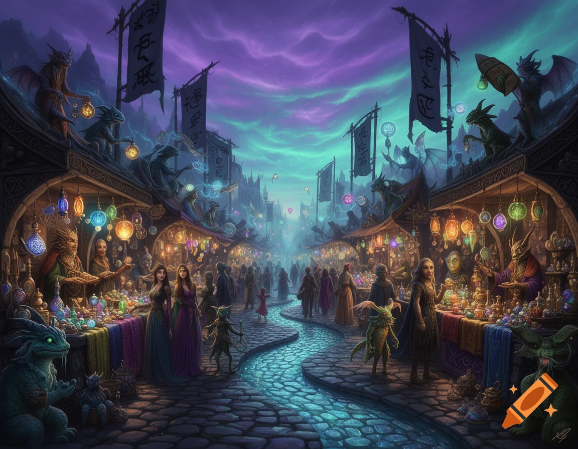 A vibrant fantasy market under a purple and green sky, bustling with various human and creature merchants and shoppers among strange stalls selling magical items.