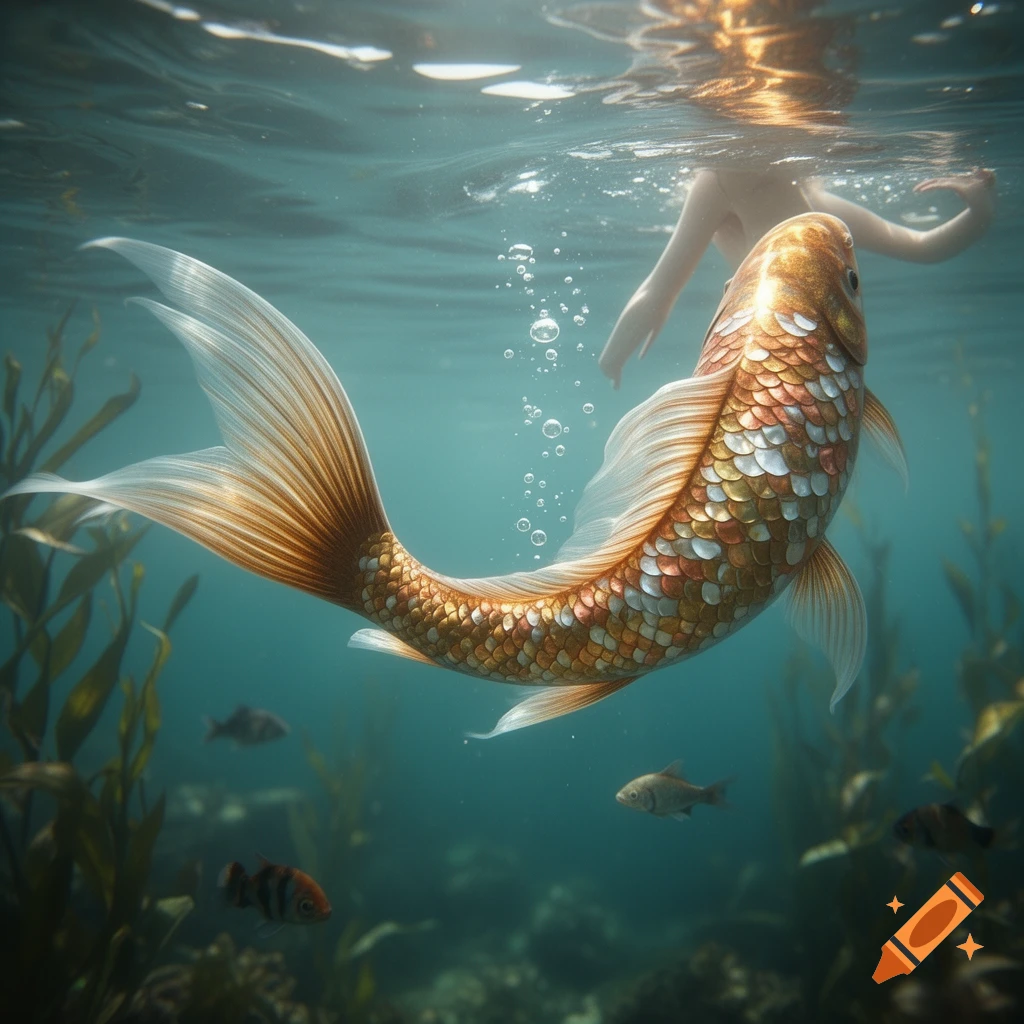 A photorealistic mermaid with a shimmering gold and copper koi fish tail swims underwater, with her bare shoulders visible at the surface.