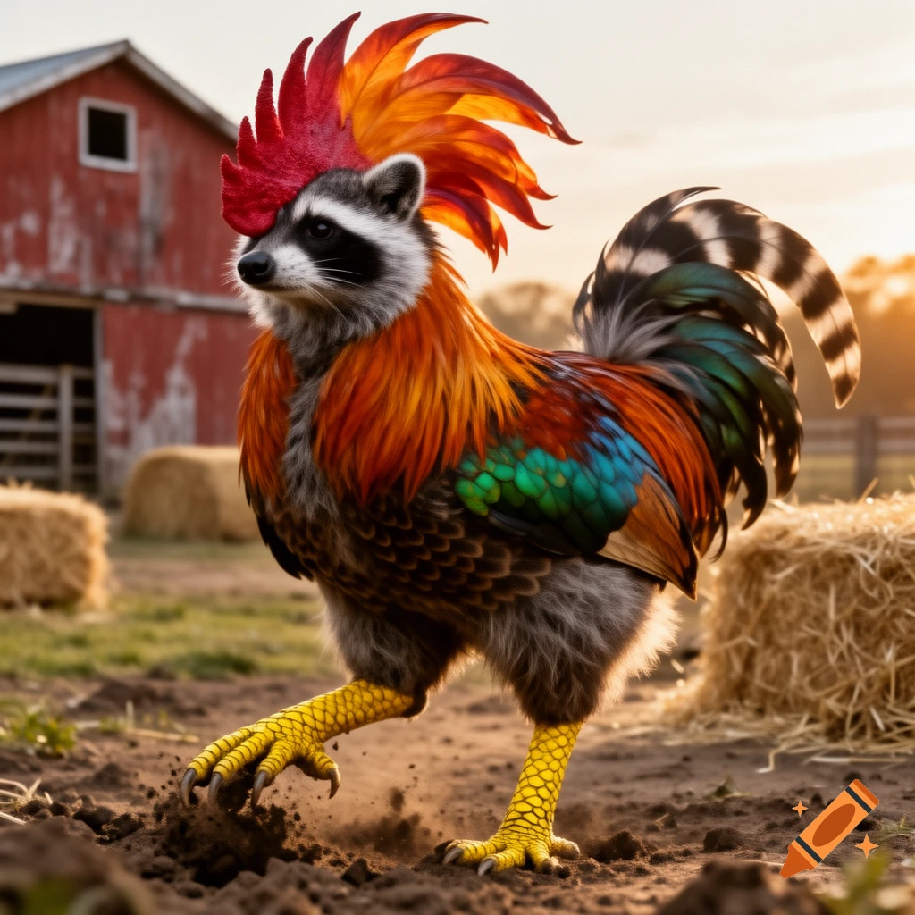 A photorealistic raccoon-rooster hybrid with a red comb and colorful feathers walks through a dirt farm field with hay bales and a red barn.