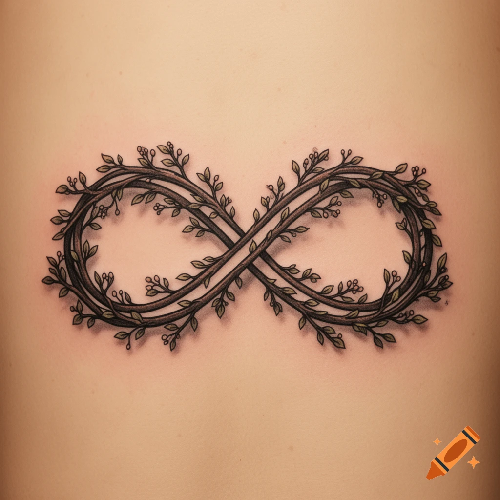 Tattoo of an infinity symbol made from intertwined branches with small green leaves and red berries on light skin.