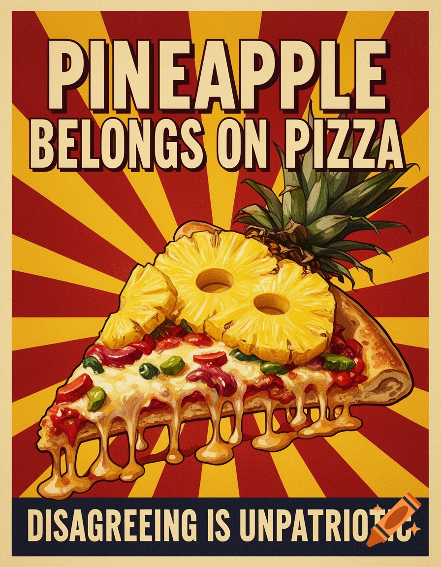 WW2 style propaganda poster with a pineapple pizza slice on a red and yellow sunburst background. Text: PINEAPPLE BELONGS ON PIZZA. DISAGREEING IS UNPATRIOTIC.