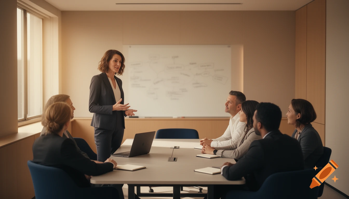 A female business coach presents to a team of entrepreneurs in a modern meeting room with a whiteboard.