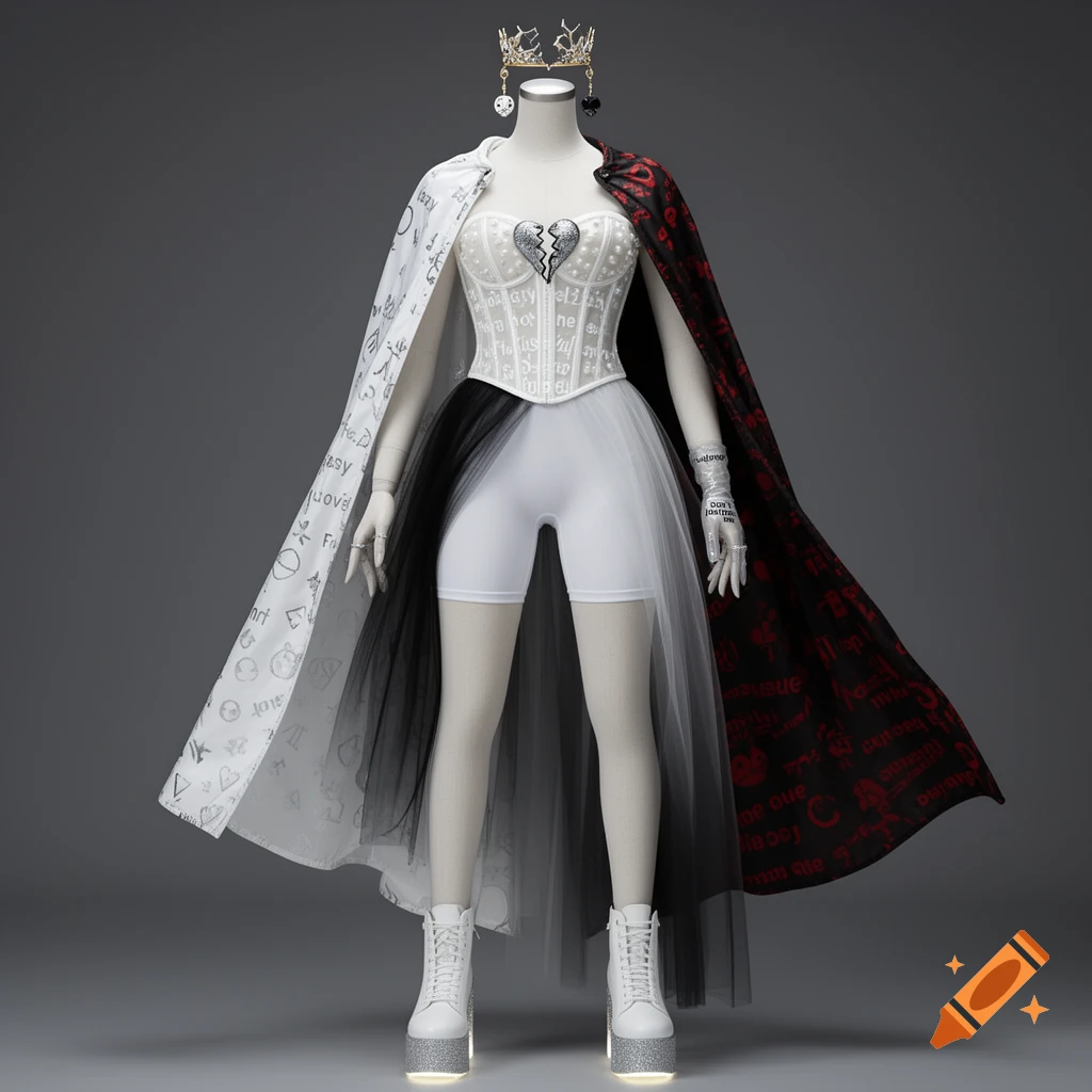 A mannequin wears a dramatic white, black, and red theatrical outfit with a pearl corset, white shorts, a black and white asymmetrical skirt, platform boots, and a split cape. Text details are on the cape, corset, and glove, and a broken crown rests on its head.