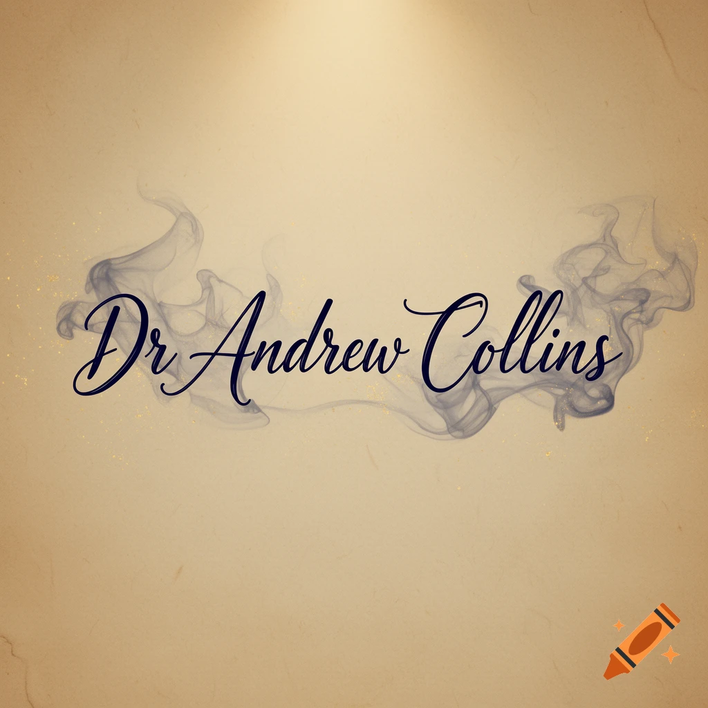 A script font signature for Dr Andrew Collins with a smoky, ethereal background.