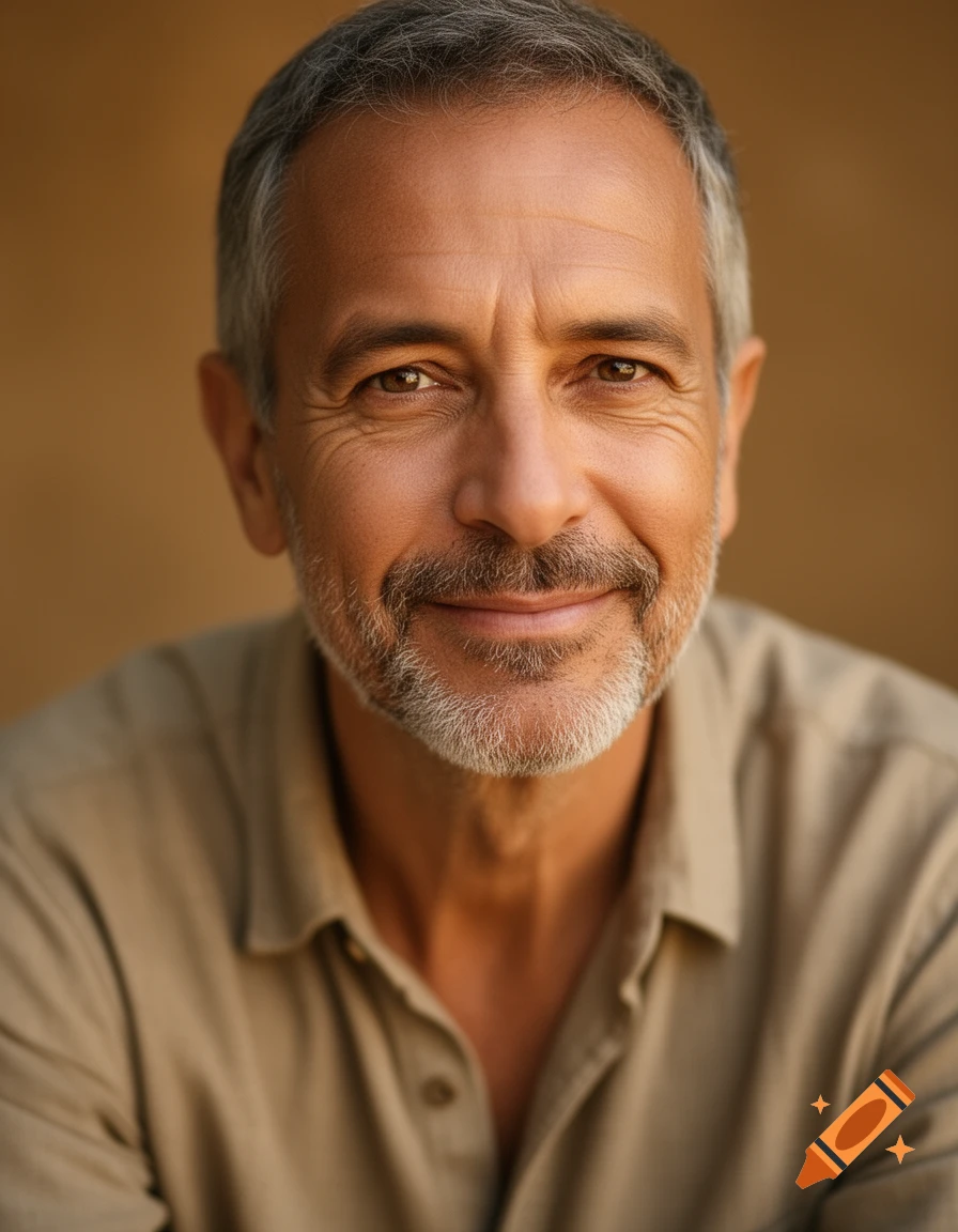 Wize Expression Photorealistic portrait of a middle-aged man with graying hair, a ...