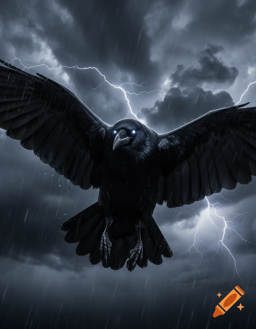 A black crow with glowing blue eyes flies through a dramatic thunderstorm with lightning and rain.