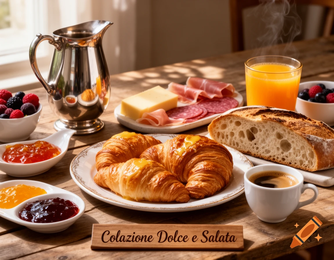 A photorealistic breakfast spread on a rustic wooden table with croissants, jams, coffee, juice, berries, cheese, and cured meats.