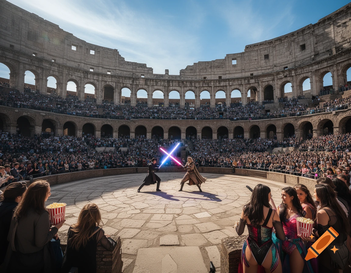 A Star Wars lightsaber duel taking place in the center of a crowded Roman Colosseum, with spectators eating popcorn and women in revealing outfits in the foreground. Photorealistic.