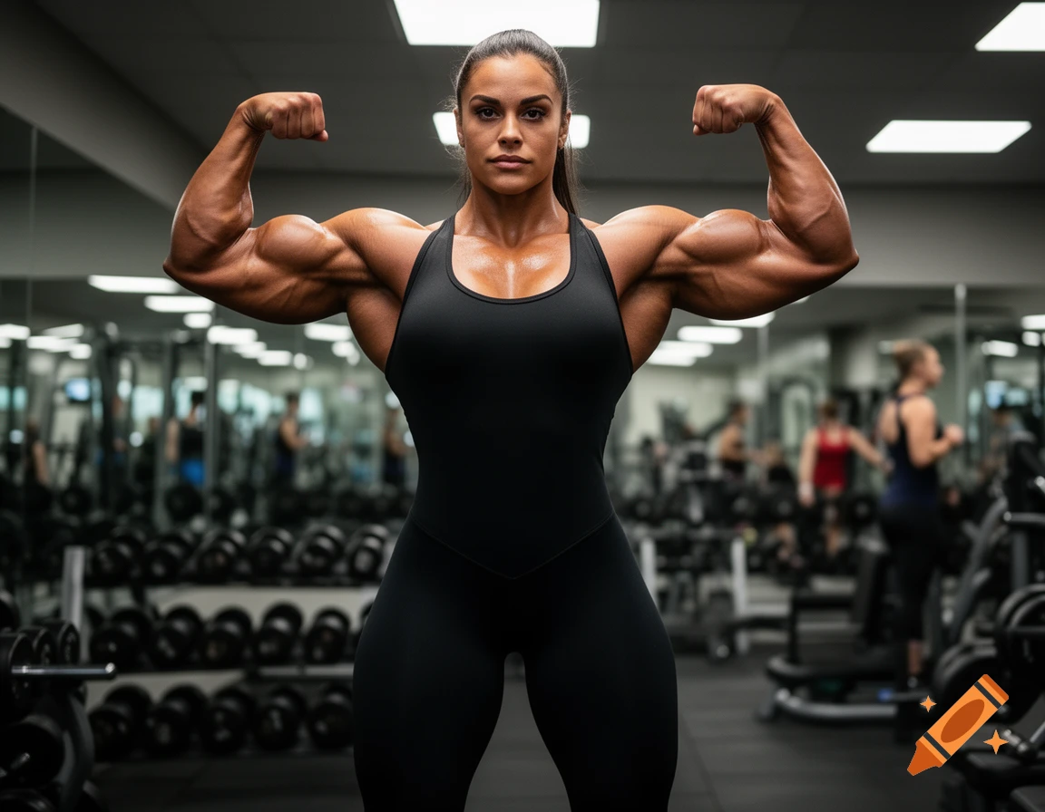 A photorealistic image of a muscular female bodybuilder in a black outfit flexing her biceps in a gym.