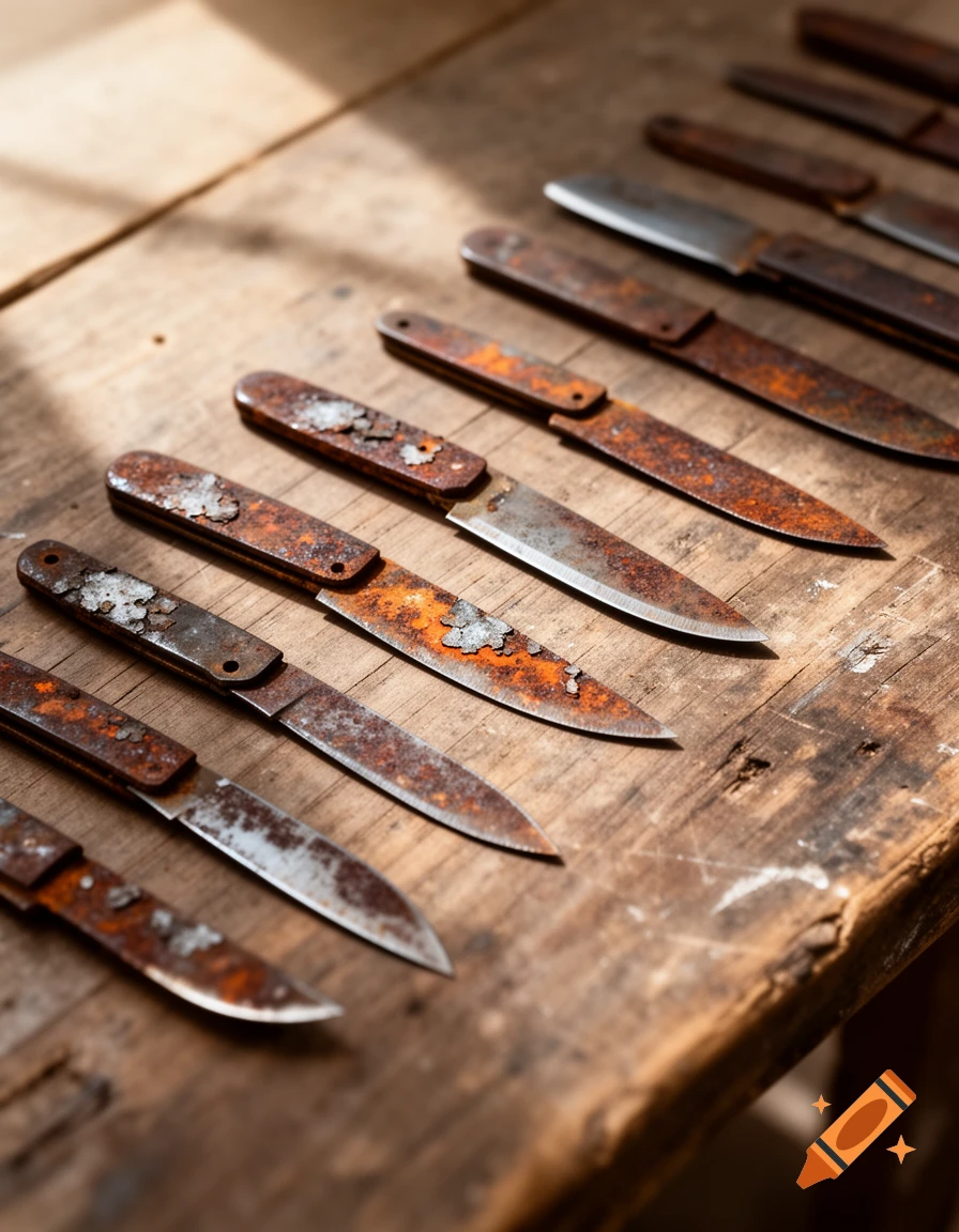An array of rusty small blades arranged diagonally on a weathered wooden table in sunlight.