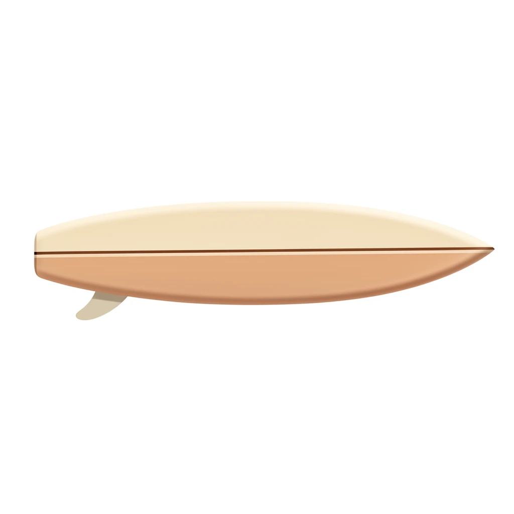 contemporary 2D stock illustration, clean simplified natural forms, flat color areas with gentle soft gradient shading, rounded believable proportions, restrained detail, no outer outlines, no texture or grain, non-photorealistic. A surfboard in clean side/top view as a clean standalone cutout asset, centered on a pure white background. One dominant board color, one restrained stripe accent, neutral fin. Believable 2D stock-illustration object proportions, not toy-like, not icon-like, not 3D. Clear readable silhouette with comfortable padding, no cast shadow, no floor shadow, no extra scenery, no text.