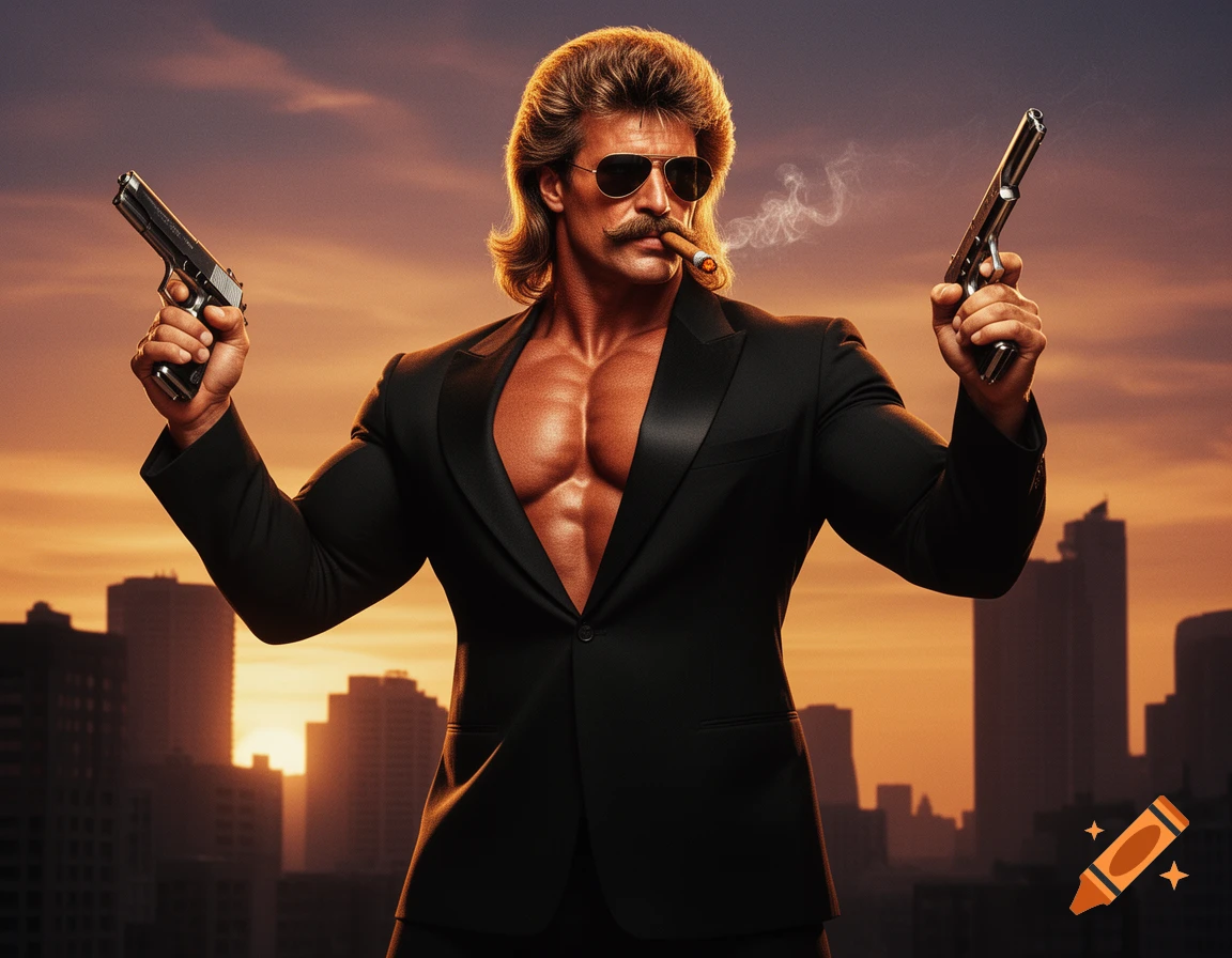 A muscled man with a mullet and mustache, wearing an open suit, holding two pistols, and smoking a cigar against a city sunset.