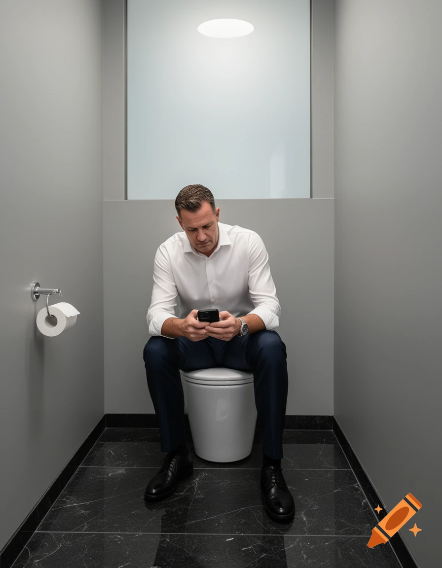 A man in a white shirt and suit pants sits on a toilet in a modern gray bathroom, looking at his phone.