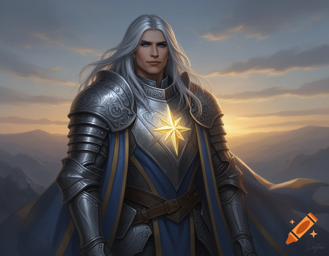 Silver-haired male paladin with blue eyes, in ornate silver armor with a glowing star crest and blue cape, against a mountain sunset.
