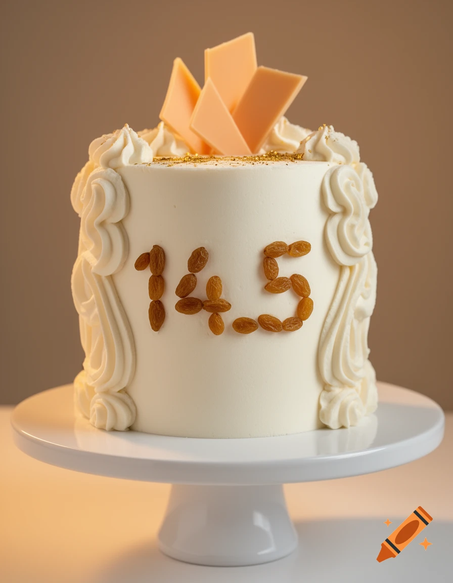 A white frosted cake decorated with "14.5" in raisins, orange chocolate shards, and gold glitter, on a white cake stand.
