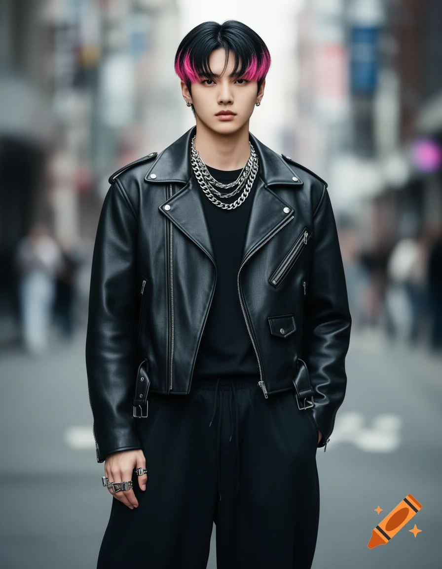 A young man with black hair and pink streaks, wearing a black leather jacket, silver chains, rings, and baggy black pants, on a city street.