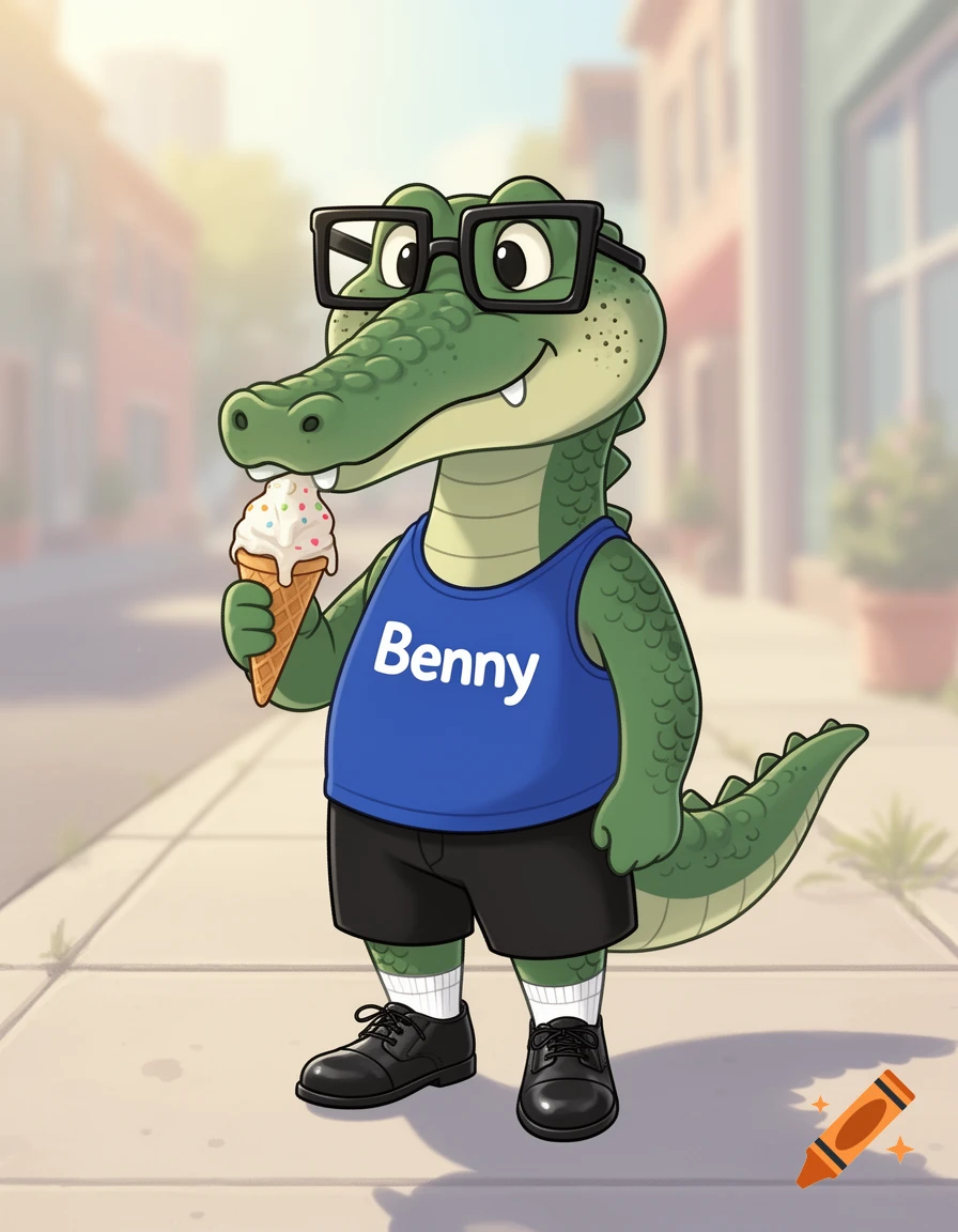 A friendly cartoon alligator named Benny in glasses and a blue tank top eats an ice cream cone on a sidewalk.
