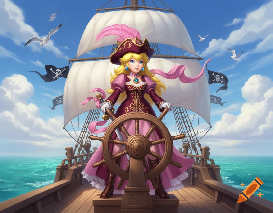 Princess Peach, dressed as a pirate, steers a wooden ship with white sails and Jolly Roger flags under a blue sky with seagulls.