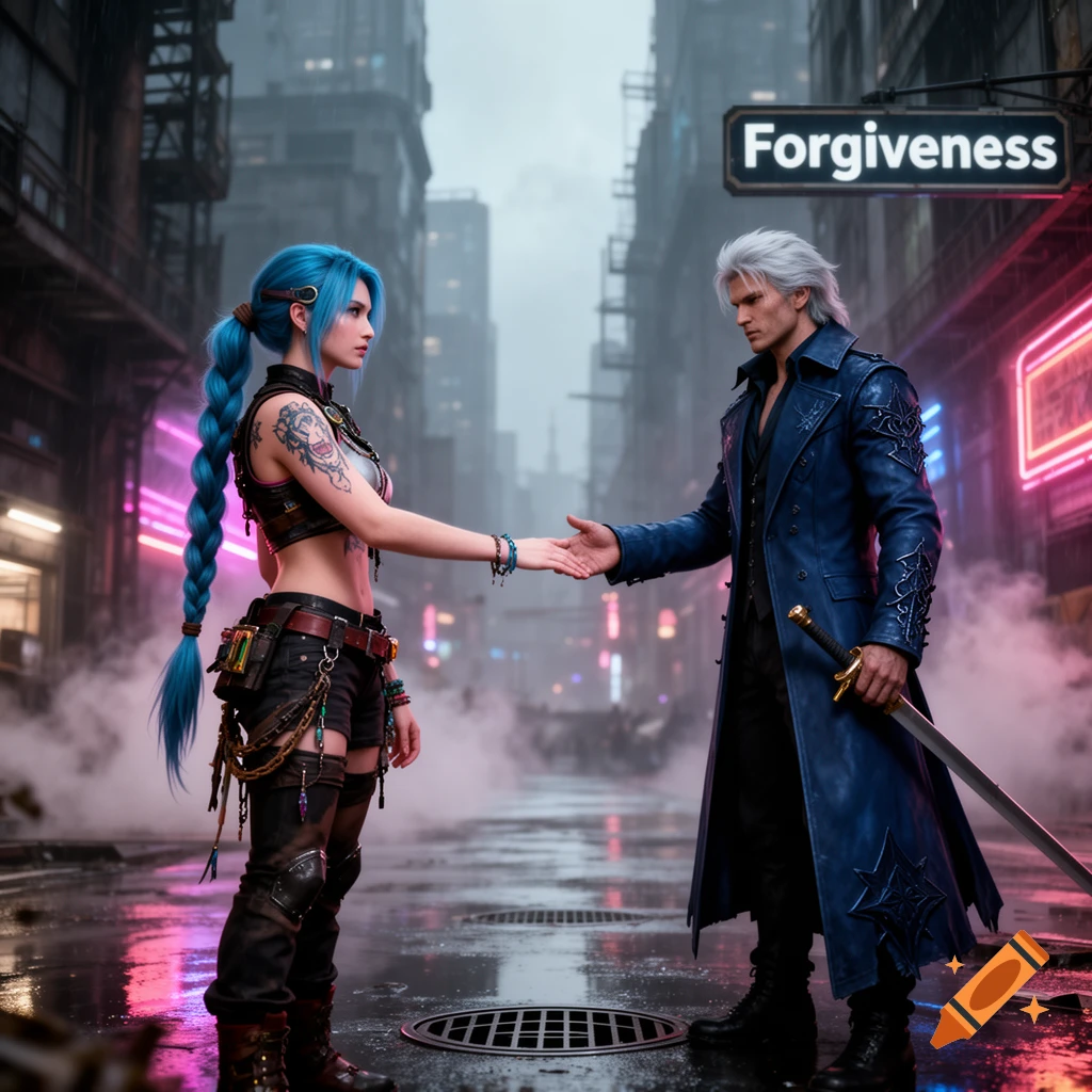 Jinx and Vergil reach out to each other in a rainy, neon-lit cyberpunk city street, a 'Forgiveness' sign overhead, in detailed digital art.