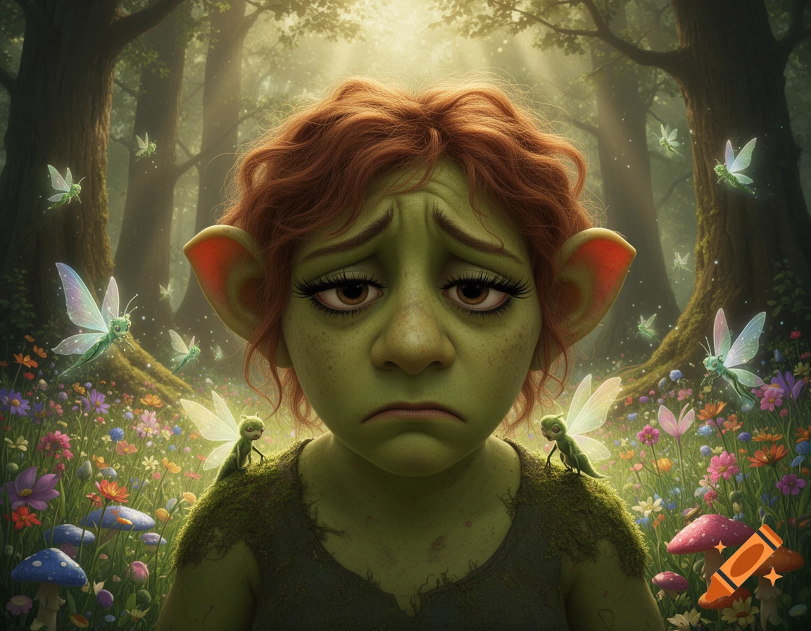 A sad, green-skinned girl ogre with red hair and big ears, surrounded by glowing fairies and wildflowers in a sunlit forest.