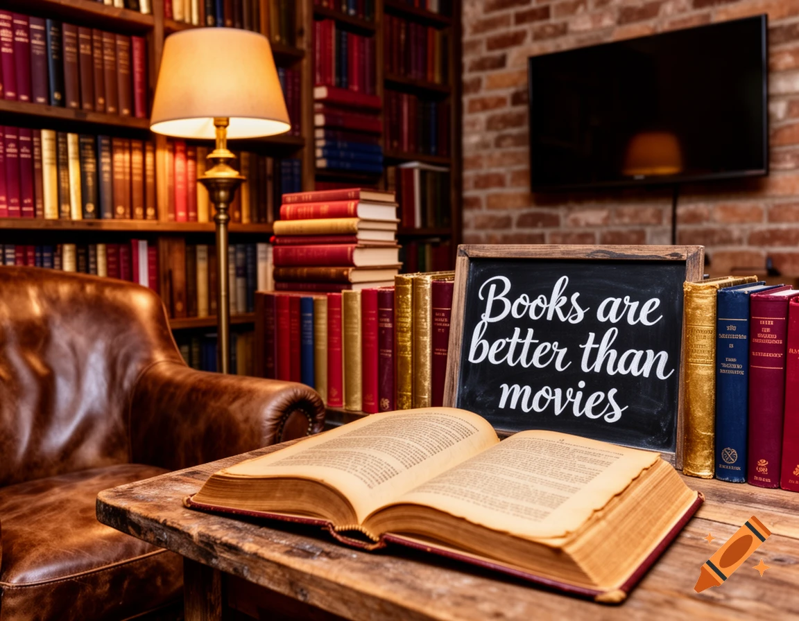 A cozy library room with a brown leather armchair, bookshelves, an open book on a wooden table, and a chalkboard sign reading 'Books are better than movies'.