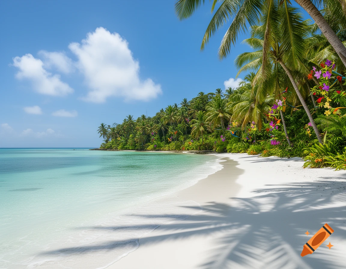 Photorealistic tropical beach with white sand, turquoise water, palm trees, and lush green foliage under a blue sky.