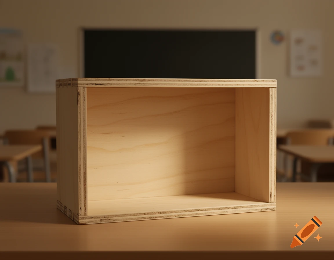 A light wood plywood box, open on one side, sitting on a desk in a classroom with a blurred blackboard and chairs in the background.