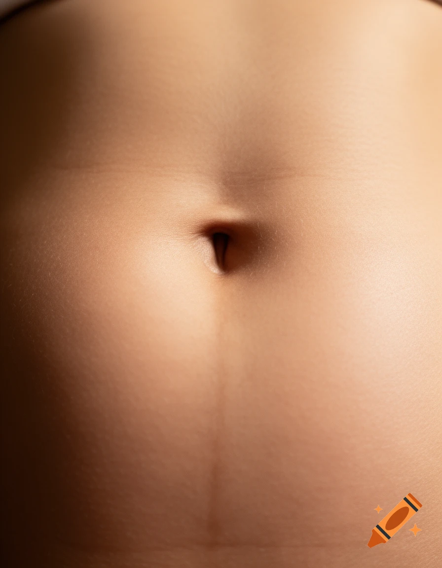 Close-up photorealistic shot of a person's belly button and smooth abdomen.