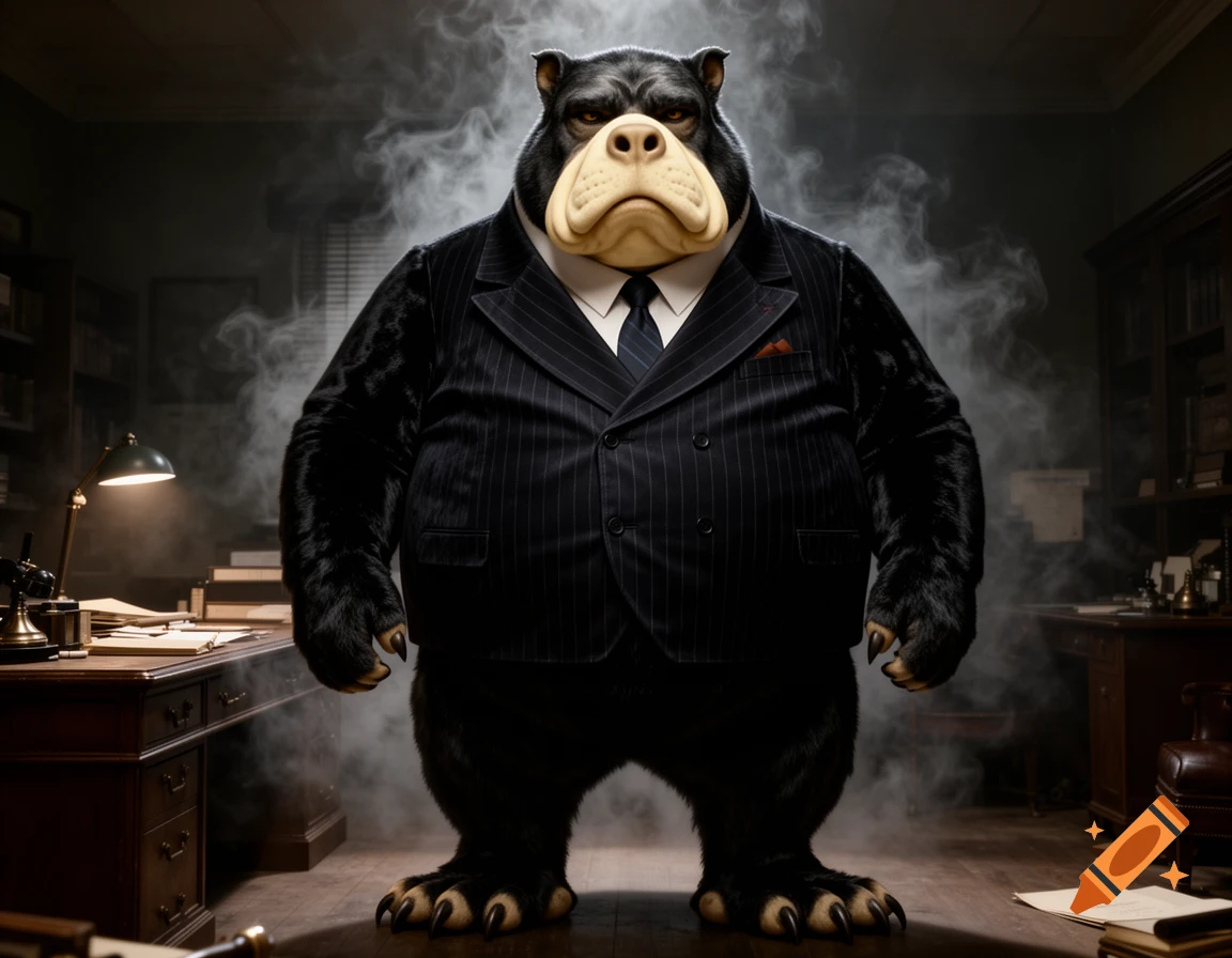 A realistic bear-like mob boss in a pinstripe suit stands in a smoky, dimly lit noir office.