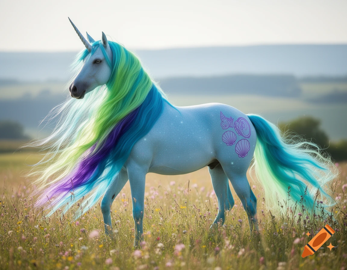 A light blue unicorn with a flowing green, blue, and purple mane and tail stands in a flower-filled meadow. Purple shell symbols are on its flank.