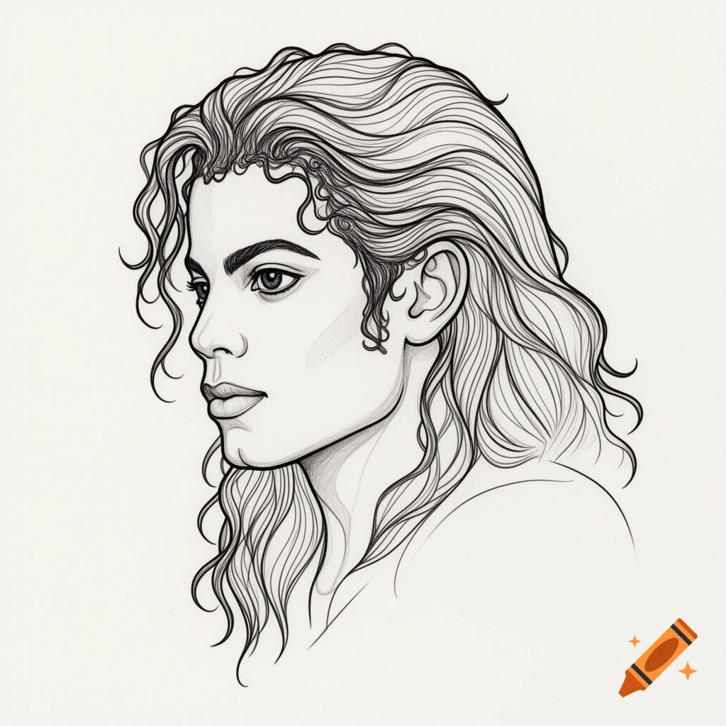 Fineline drawing of Michael Jackson in profile with long, wavy hair, looking left.