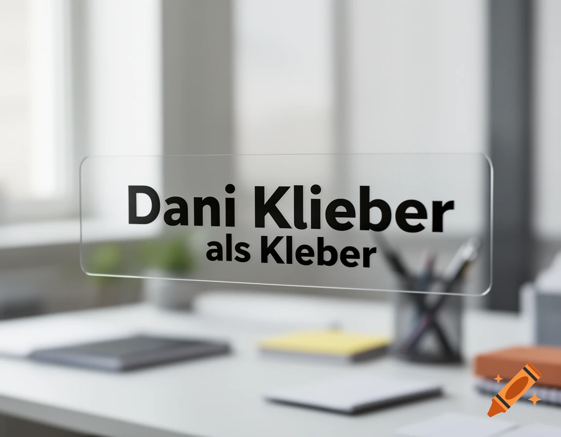 A transparent sign displaying 'Dani Klieber als Kleber' against a blurred office desk background.
