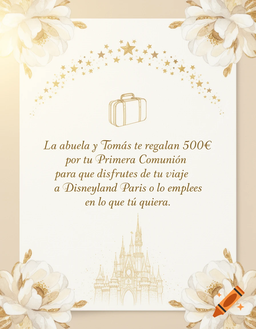 Elegant First Communion invitation card with watercolor flowers, golden stars, a suitcase icon, a delicate castle, and Spanish text.