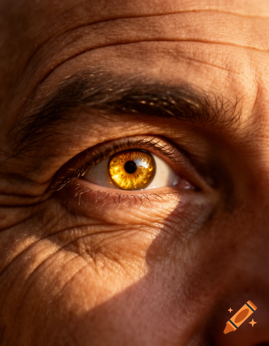 Close-up, photorealistic image of a human eye with a golden iris and detailed skin texture under dramatic lighting.