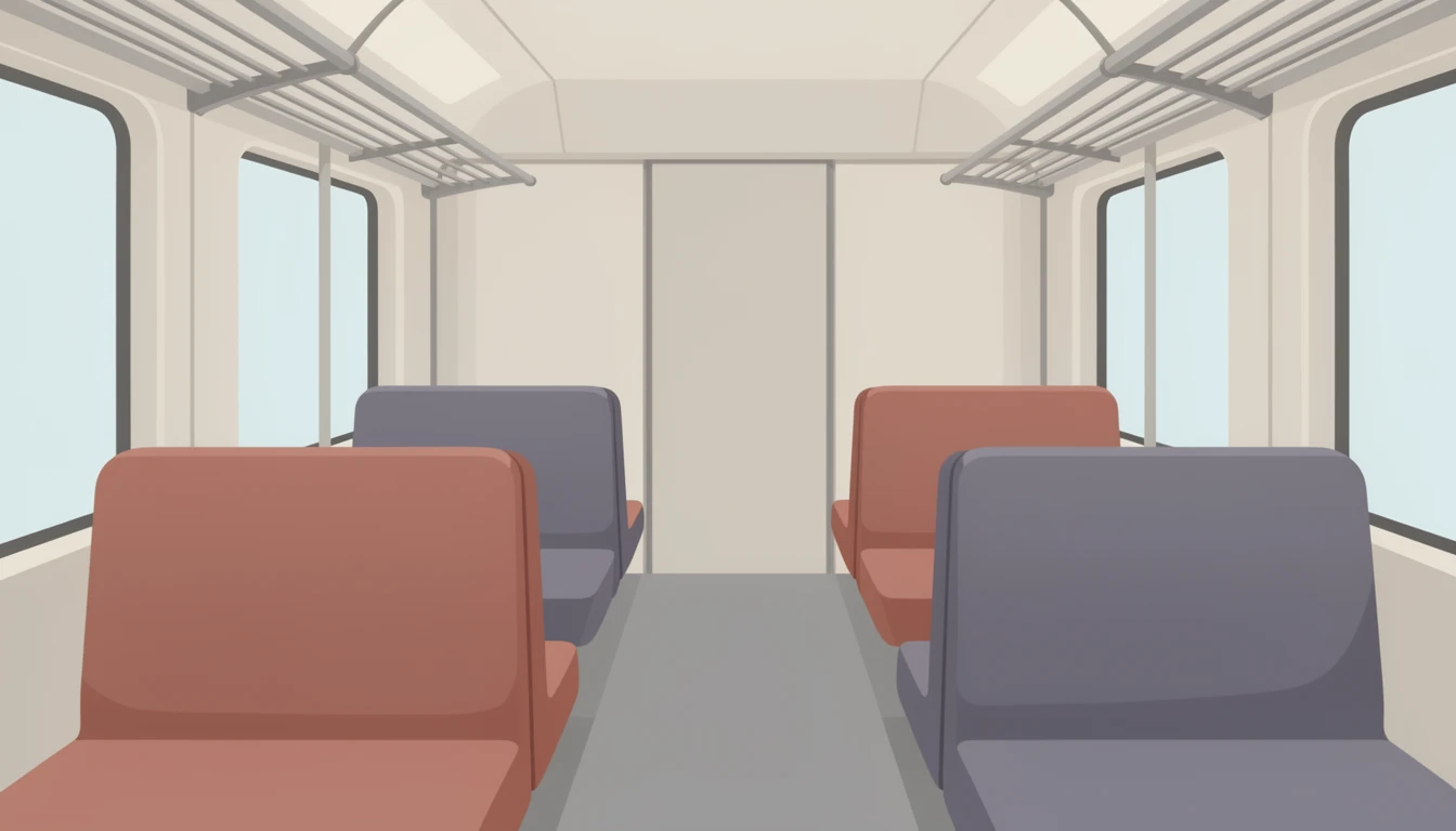 contemporary 2D stock illustration, clean simplified natural forms, flat color areas with gentle soft gradient shading, rounded believable proportions, restrained detail, no outer outlines, no texture or grain, non-photorealistic. A clean train car interior with seats along the sides, window panels, overhead rails, and a simple aisle. Calm transit palette with one dominant seat color and neutral structure tones. Keep the center aisle area visually uncluttered with simple forms and open space behind layered foreground subjects. No characters, no text.