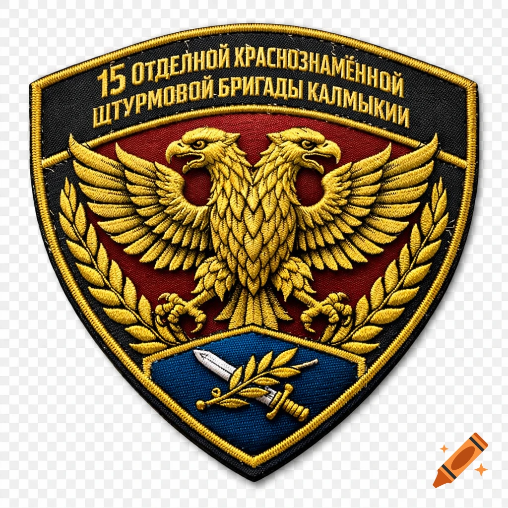 An embroidered military patch featuring a golden two-headed eagle, laurel branches, a dagger, and Russian text.