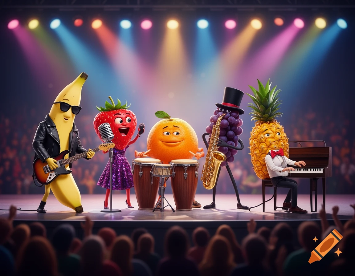 Cartoon fruits perform as a band on stage with colorful spotlights. A banana plays guitar, a strawberry sings, an orange plays congas, grapes play saxophone, and a pineapple plays piano, all in front of an audience.