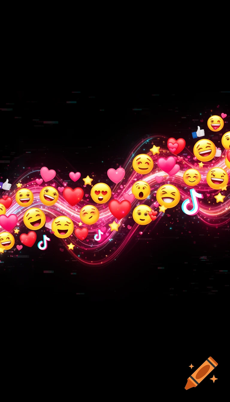 A vibrant wave of emojis, hearts, stars, and TikTok logos glowing with neon pink and red light against a black background.
