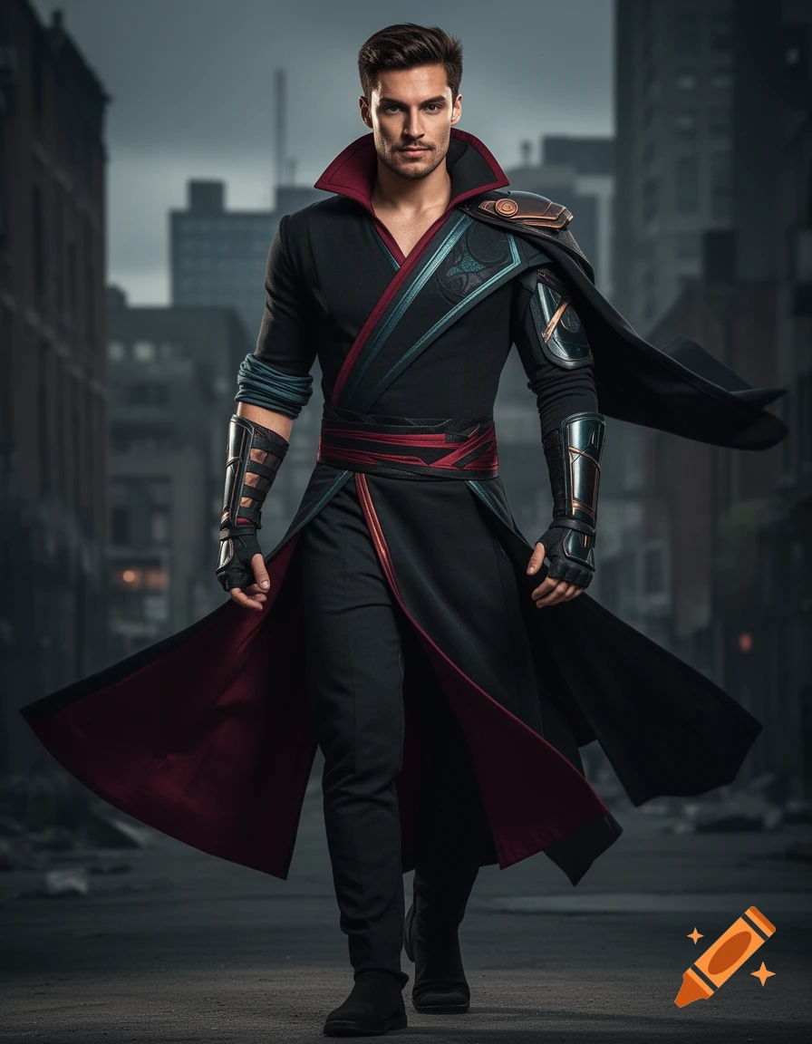 Photorealistic image of a man in a black coat with crimson lining, teal accents, and an asymmetrical cloak, walking in an urban setting.