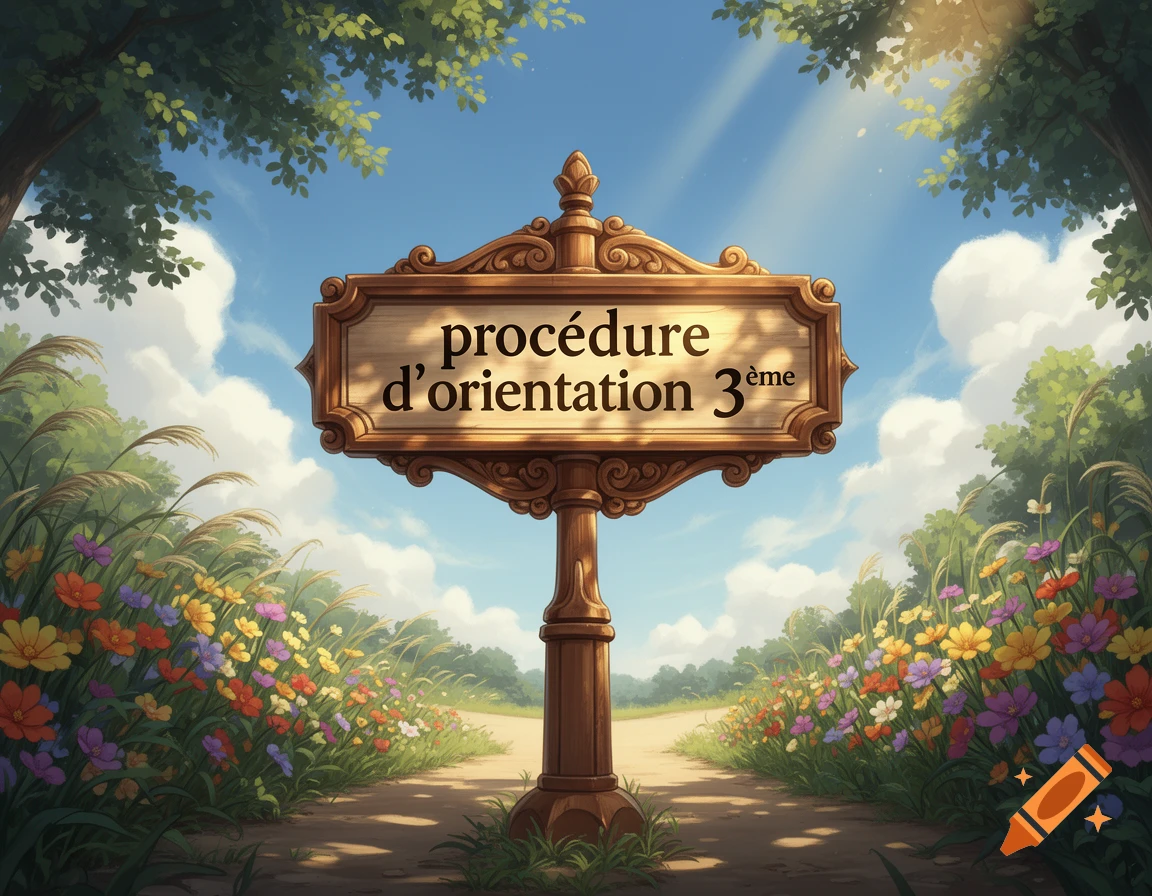 A stylized illustration of a wooden sign on a dirt path, bordered by wildflowers and trees, under a blue sky, reading "procédure d'orientation 3ème".