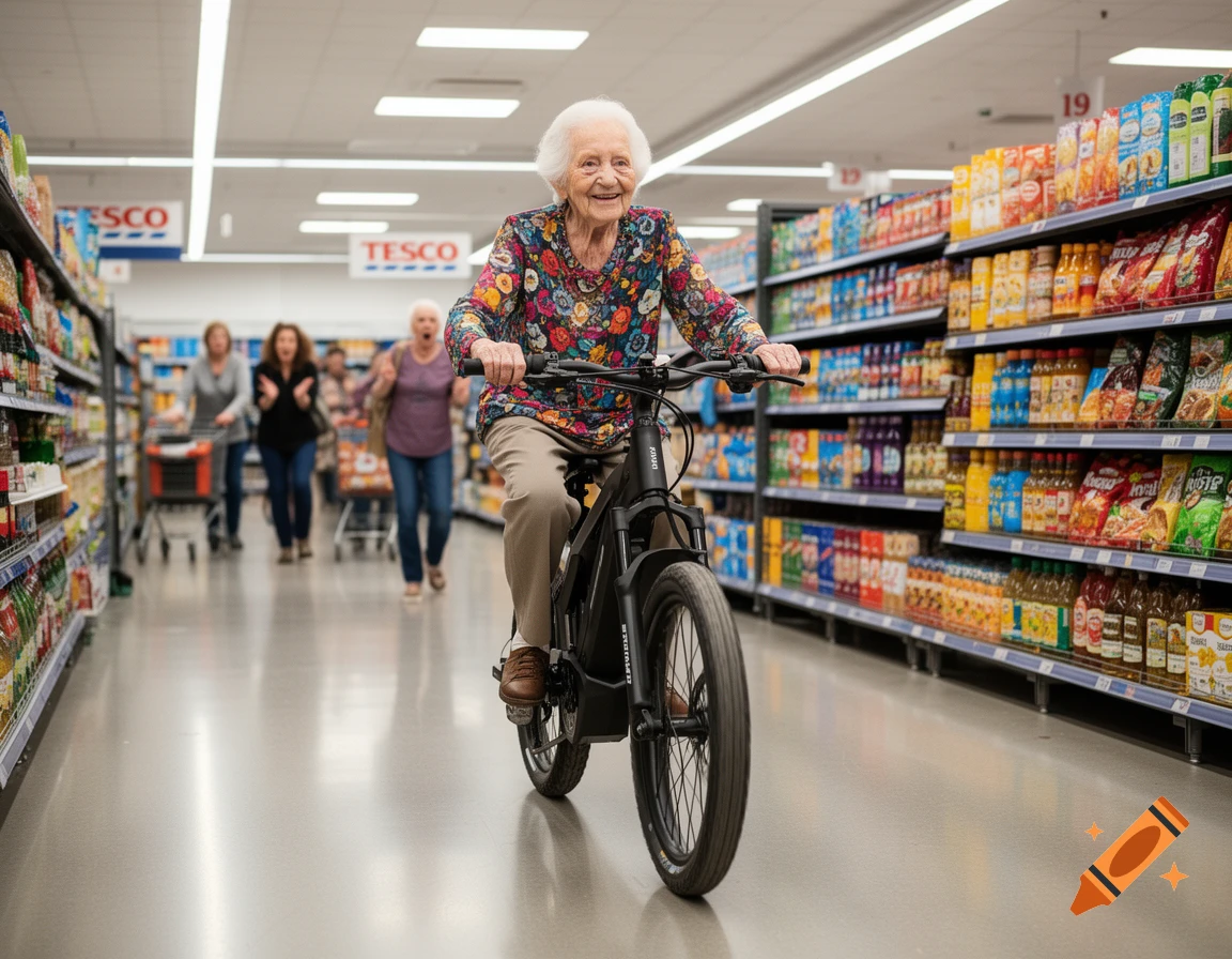 An elderly woman smiling while riding a black electric bicycle down an aisle in a Tesco supermarket as other shoppers look on.