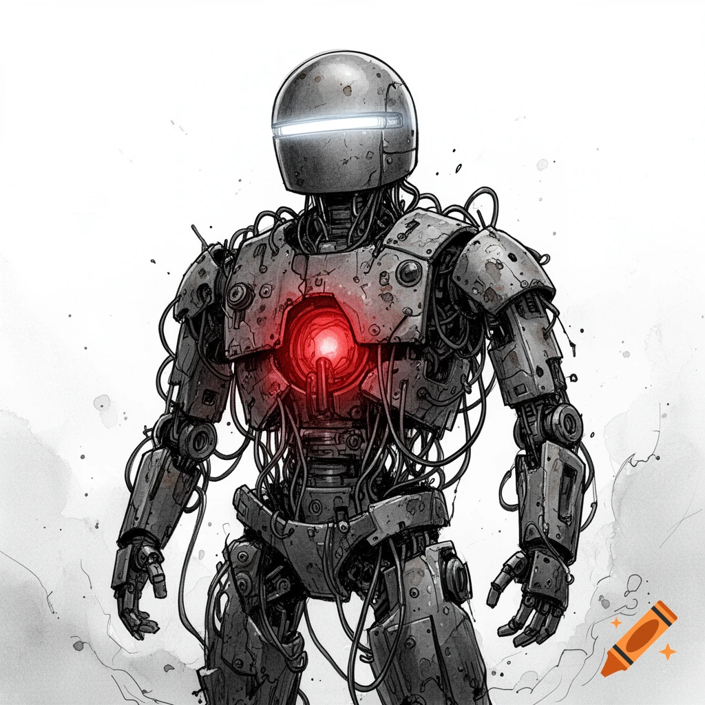 A gritty, sketchy ink drawing of a humanoid robot with exposed wires, steel plating, a red glowing chest core, and a white light slit on its helmet-like head.