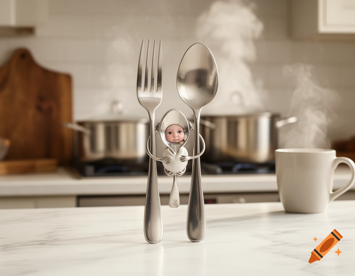 A photorealistic image of a large fork and spoon standing upright, holding a small spork with a baby's face in a kitchen.