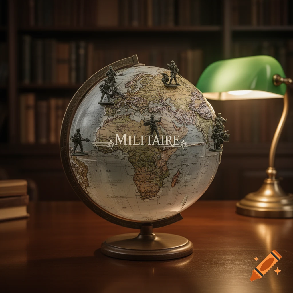 Detailed globe with toy soldiers and 'MILITAIRE' text, illuminated by a green banker's lamp in a study with bookshelves.