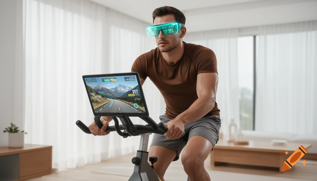 A fit man in AR glasses rides a spin bike in a bright home gym. Data overlays show fitness stats and a virtual mountain cycling route.