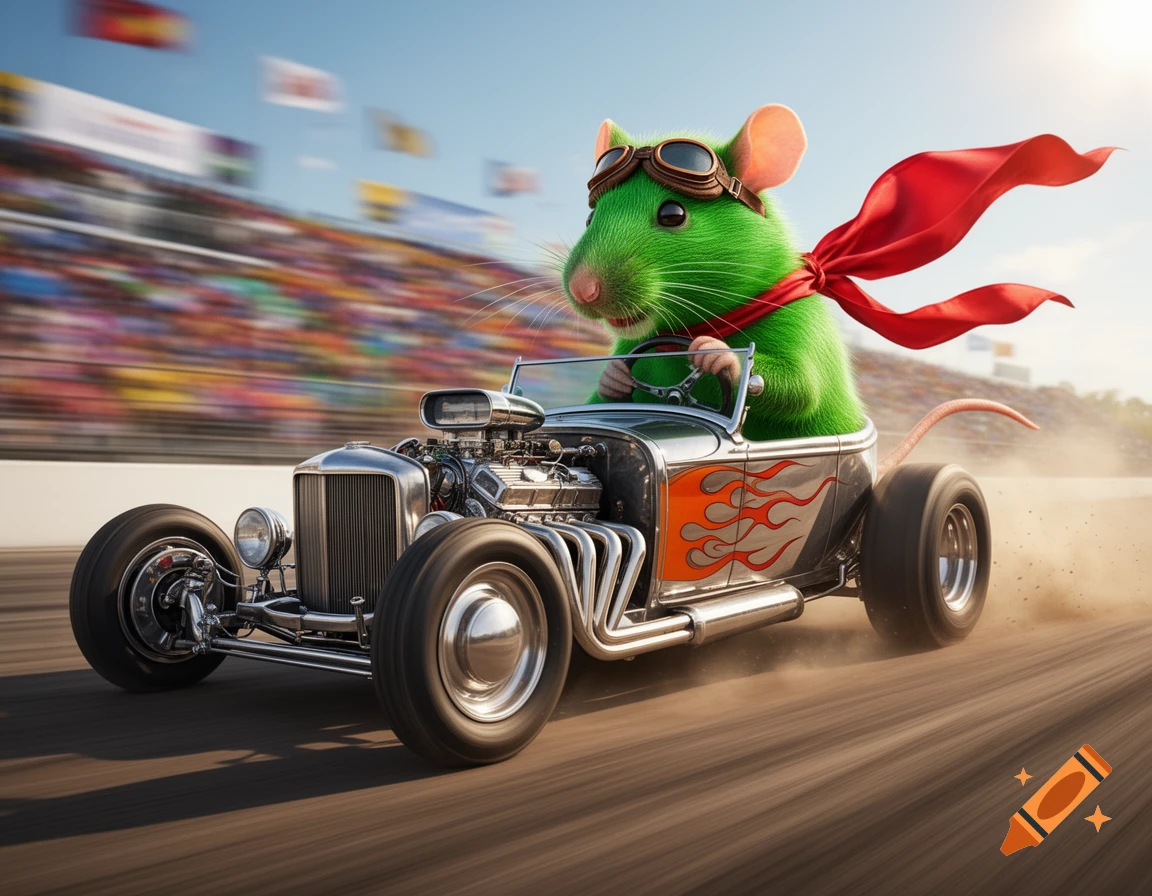A vibrant green rat in aviator goggles and a red scarf drives a custom silver hotrod with flame decals down a race track.