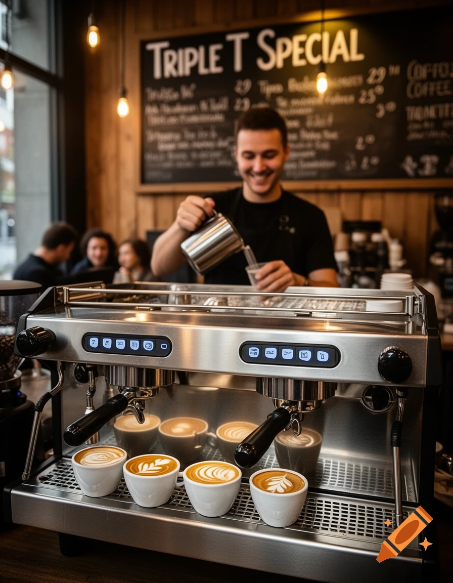 Smiling barista pouring milk for latte art, with four cups of coffee with designs in front of a professional espresso machine in a cafe.