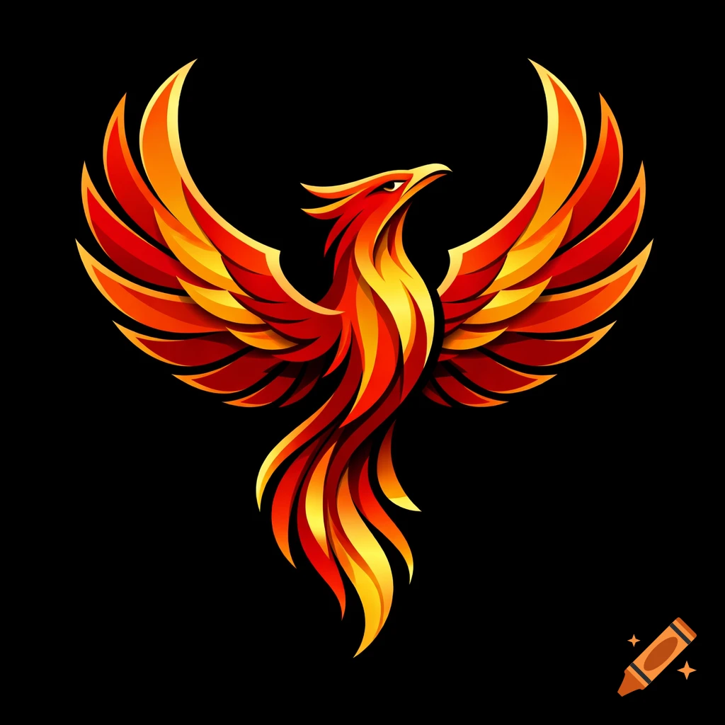 Stylized fiery phoenix with spread wings in red, orange, and gold against a black background, in a logo design style.
